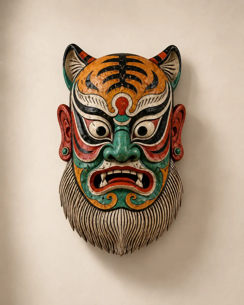 Qiangliang Tiger-Pattern Nuo Mask Sculpture