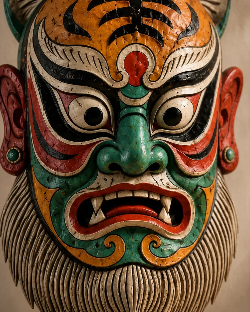 Qiangliang Tiger-Pattern Nuo Mask Sculpture